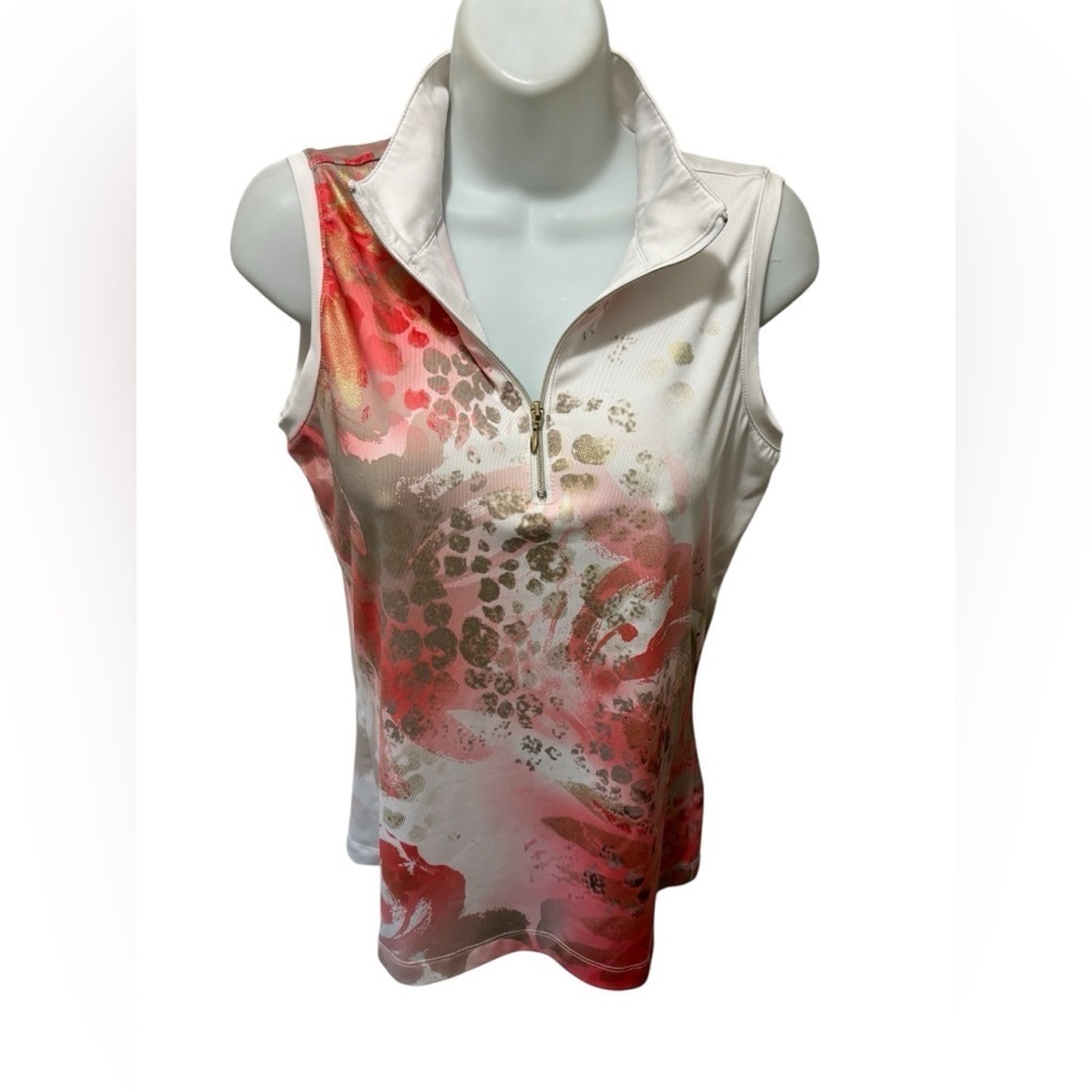 Chico’s Zenergy Golf 1/4 Zip Sleeveless UPF Printed Polo Top Sz 0/S Pink White